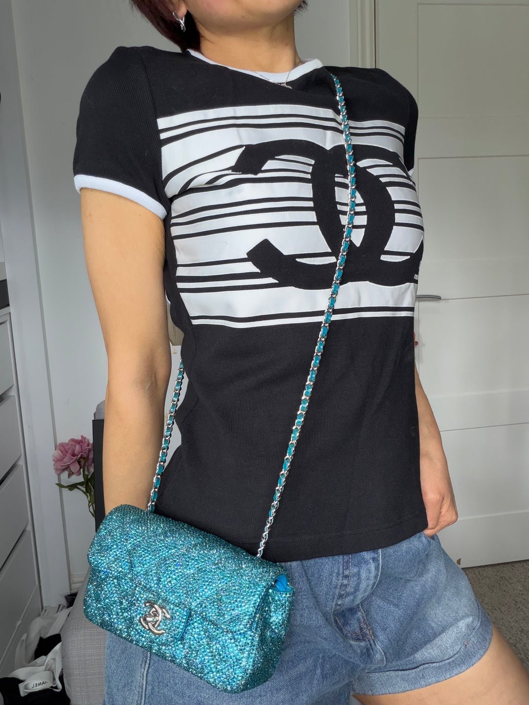 CHANEL series 21 Turquoise Teal Green Blue Diamanté Swarovski Crystal Strasssd Extra Mini Flap Bag with SHW *unicorn* RARE