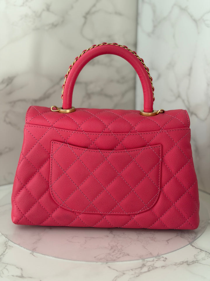 Chanel 23P Collection 2023 Dark Pink Caviar Aged GHW Coco Handle with Detachable Strap and enchained handle size Small