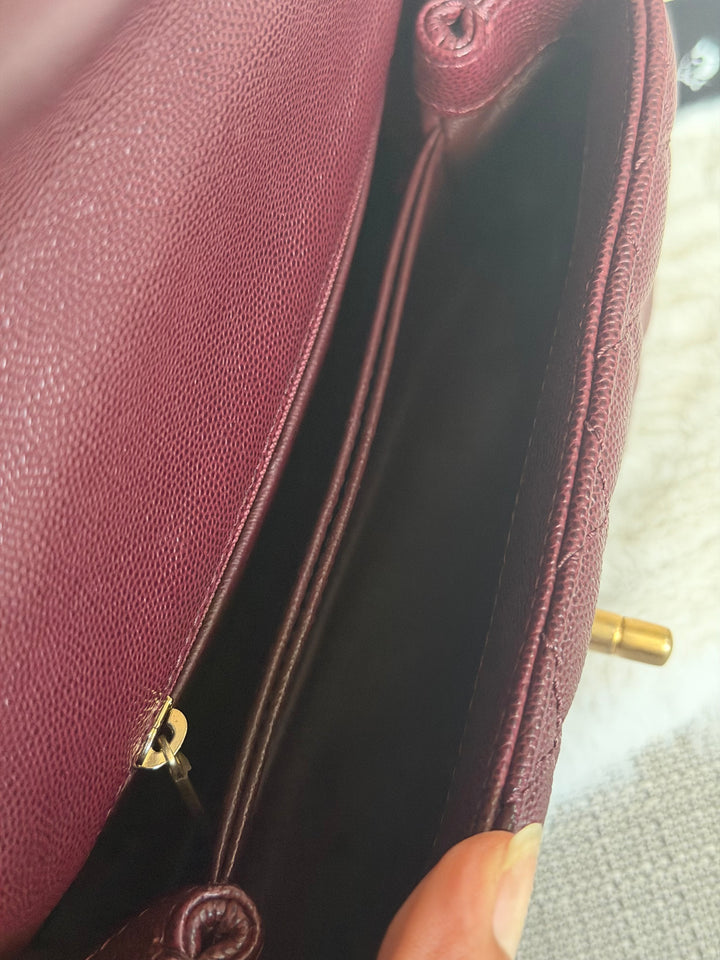 CHANEL series 26 Burgundy Caviar Aged GHW Coco Handle Flap Bag size SMALL with Pink sea snake handle 2018