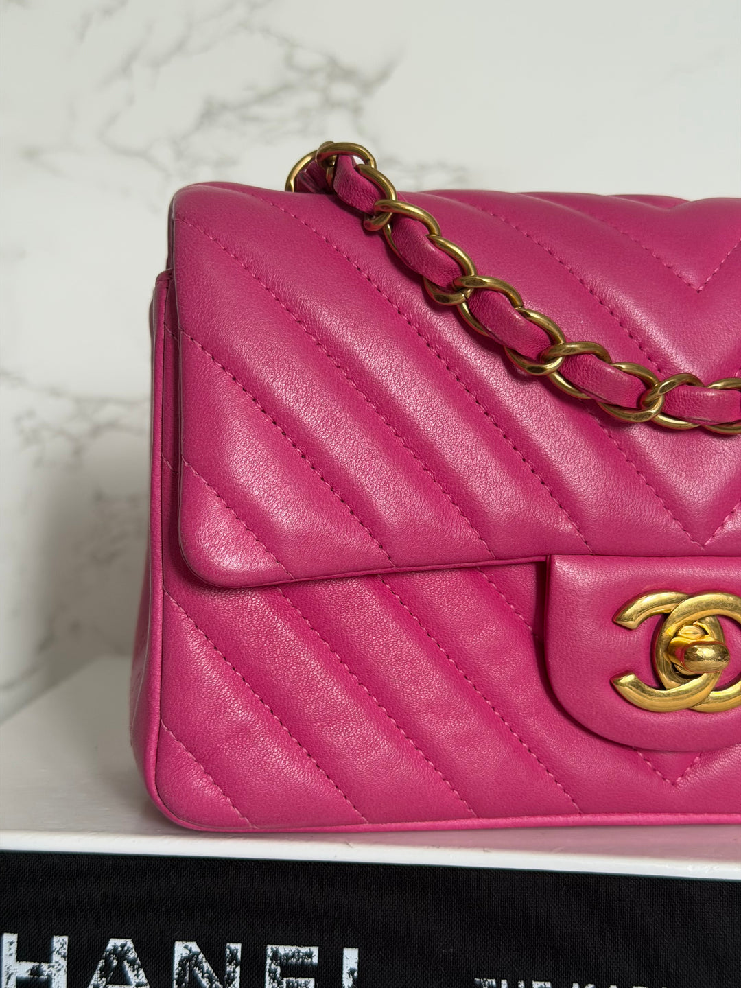 CHANEL series 21 Pink Lambskin Chevron Mini Rectangular Flap Bag with GHW 2015