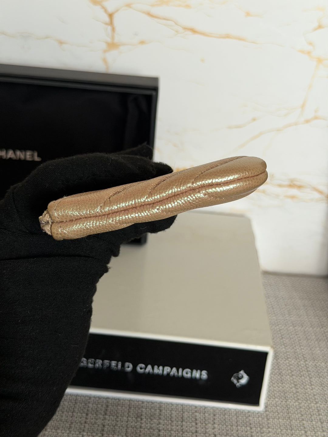 CHANEL series 27 Rose Gold Iridescent Caviar Chevron SHW Mini O Case Pouch 15 cms