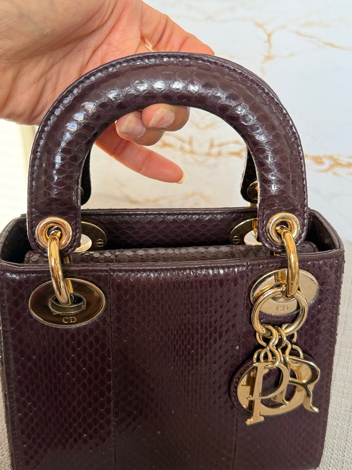 Dior Lady Dior MINI Burgundy Dark Red Python Leather 2018 LGHW