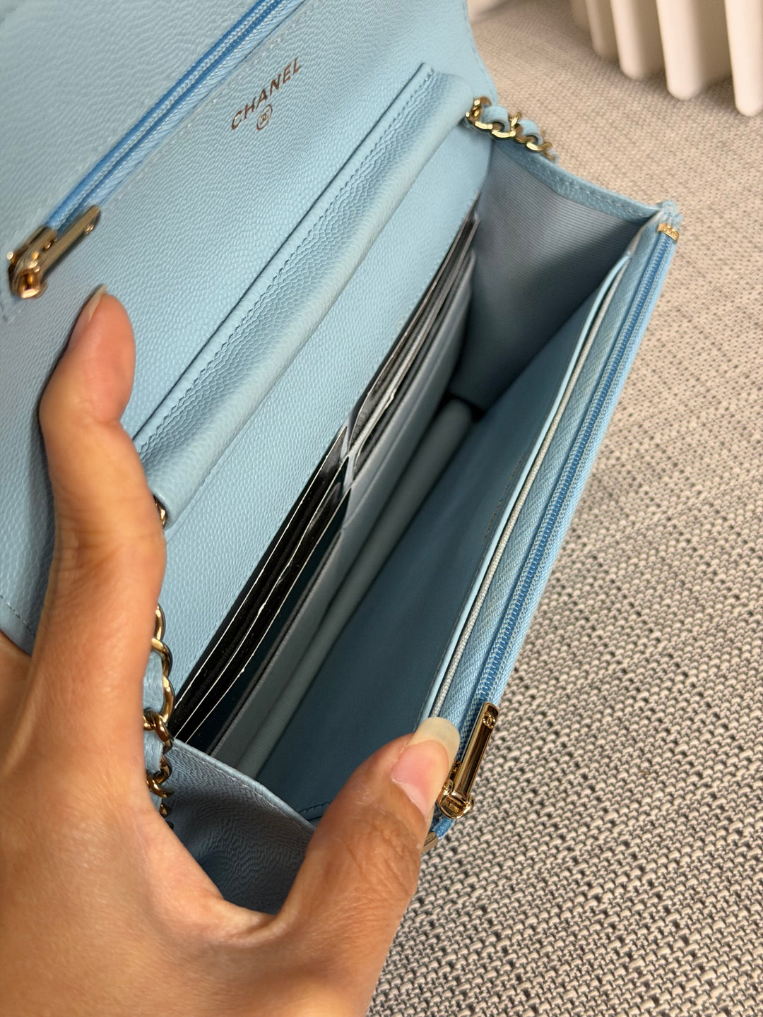 CHANEL 22S Collection 2022 Baby Blue/ Light Blue Caviar LGHW Classic Wallet on chain (WOC)