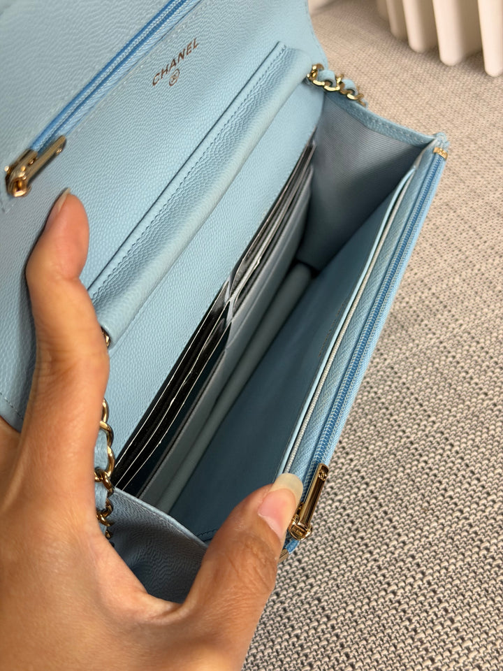 CHANEL 22S Collection 2022 Baby Blue/ Light Blue Caviar LGHW Classic Wallet on chain (WOC)