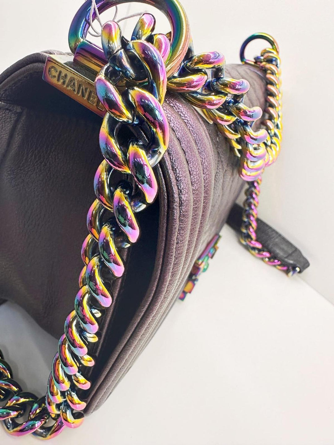 Chanel 16C 2016 Cruise collection series 21 Purple Iridescent Calf skin rainbow mermaid hardware Le Boy Old Medium Flap Bag