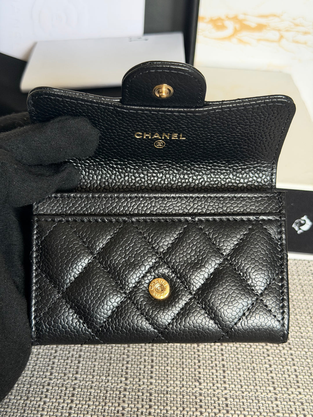 CHANEL Black Caviar LGHW Classic Flap Snap Card Holder