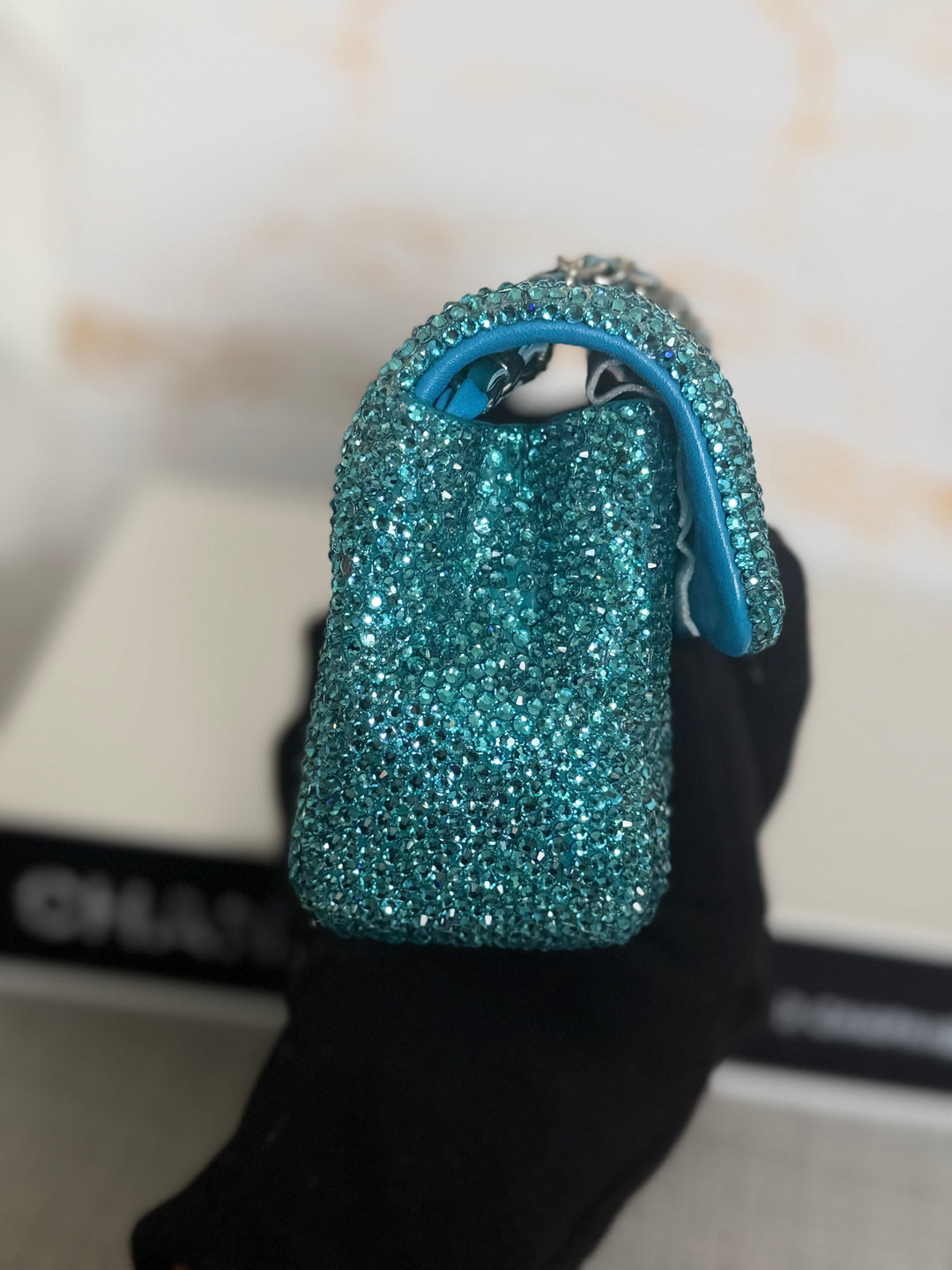 CHANEL series 21 Turquoise Teal Green Blue Diamanté Swarovski Crystal Strasssd Extra Mini Flap Bag with SHW *unicorn* RARE