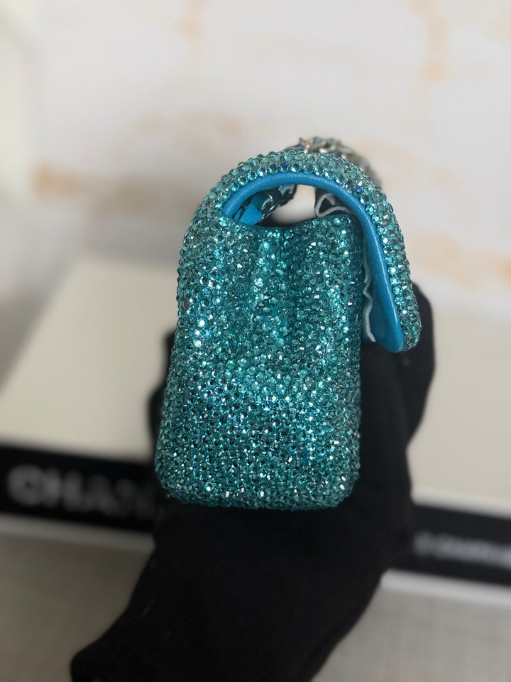 CHANEL series 21 Turquoise Teal Green Blue Diamanté Swarovski Crystal Strasssd Extra Mini Flap Bag with SHW *unicorn* RARE