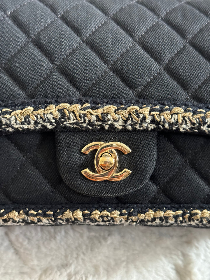 Chanel series 26 Black Denim LGHW Braided in Gold/White/Black Medium Flap Bag