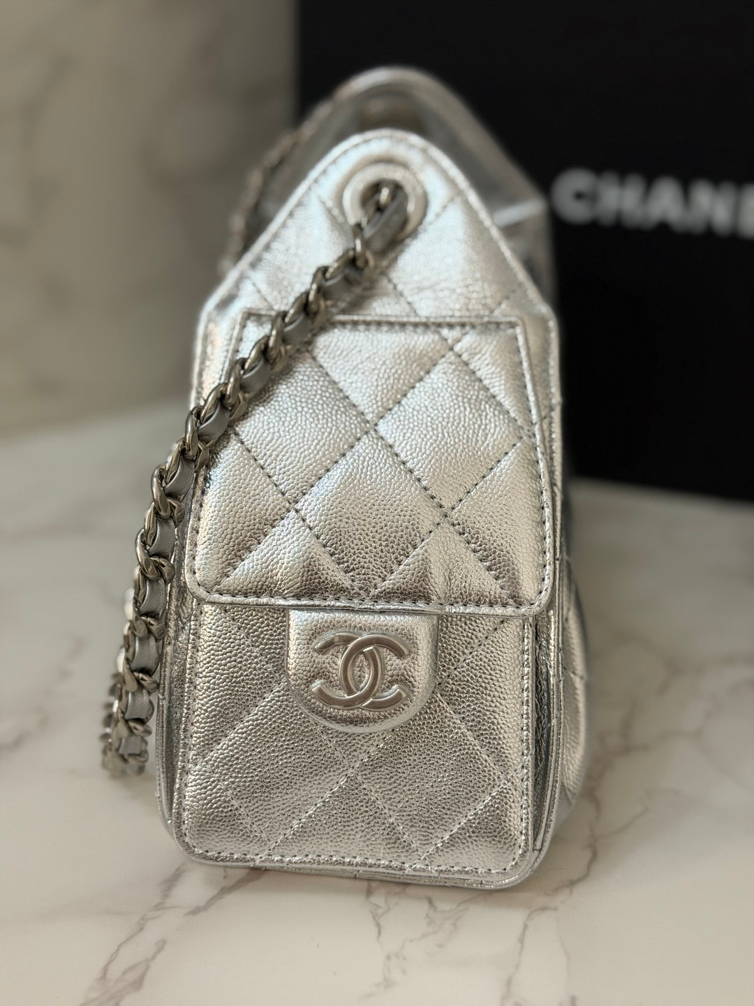 CHANEL 26C Silver Caviar shiny SHW Mini 25 Hobo Bag