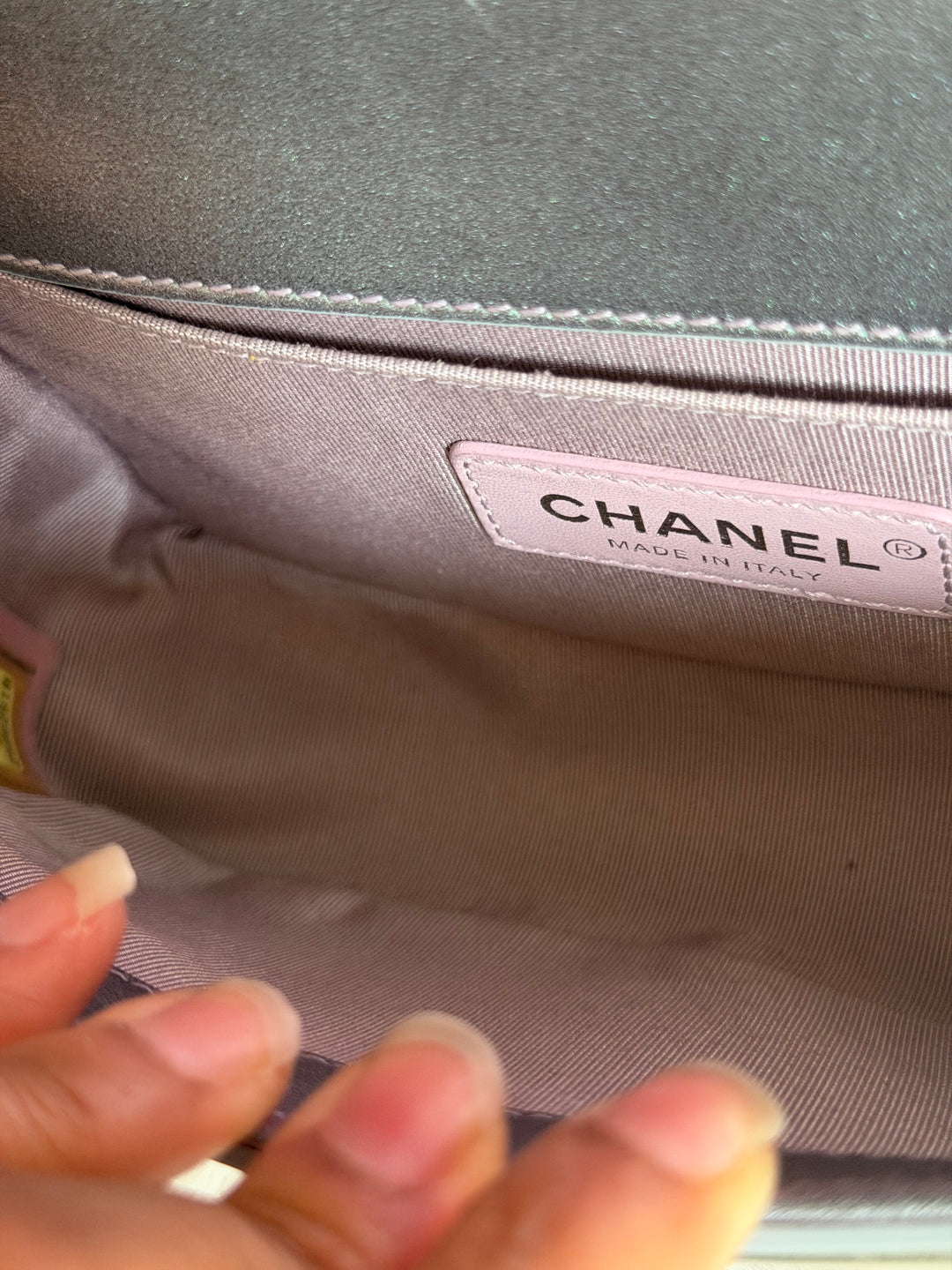 CHANEL 18S Iridescent Patent Calf Skin Purple Blue Mermaid Le Boy Flap Bag size Small
