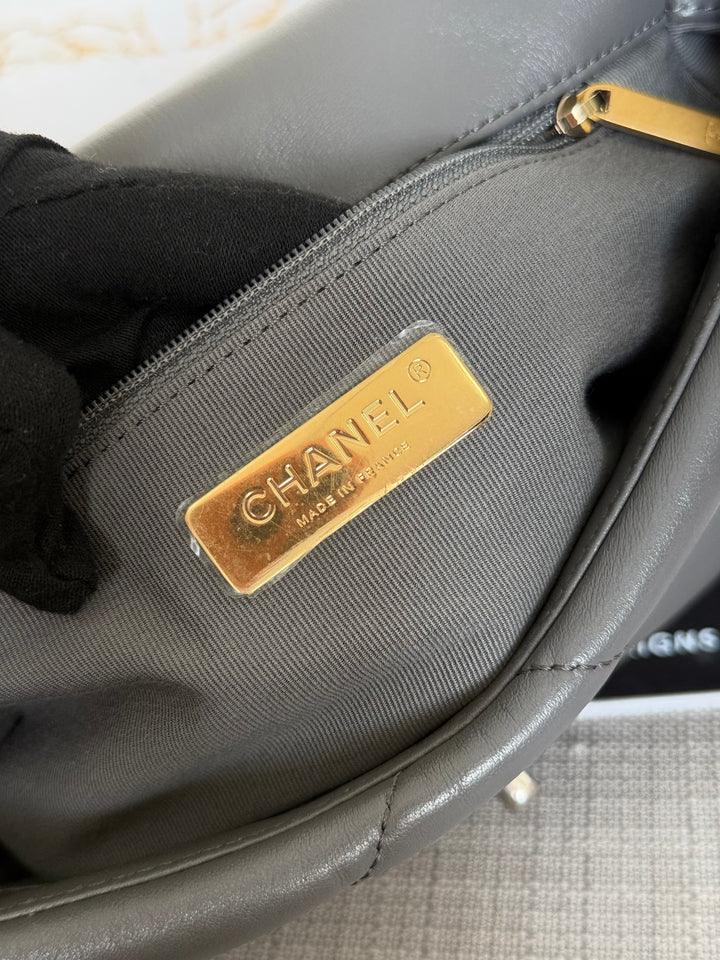 CHANEL Dark Grey Lambskin 19 Size SMALL/MEDIUM Mixed HW Flap Bag 2022 Microchipped