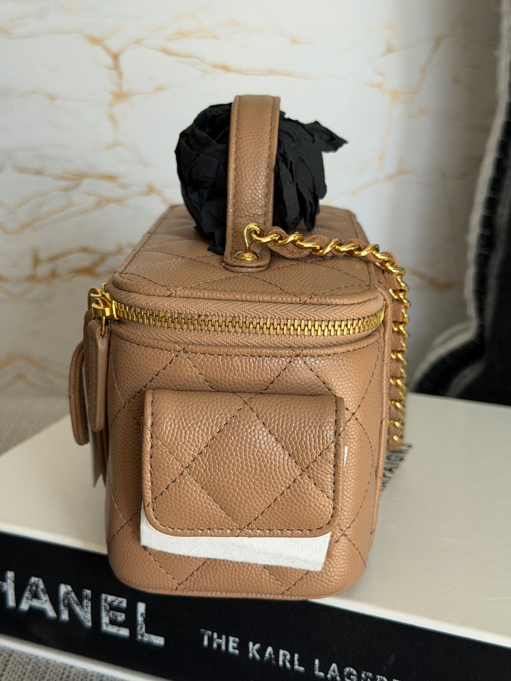 CHANEL Dark Beige Caviar Quilted Polly Pockets Cargo Small Vanity Case with Aged GHW 2023