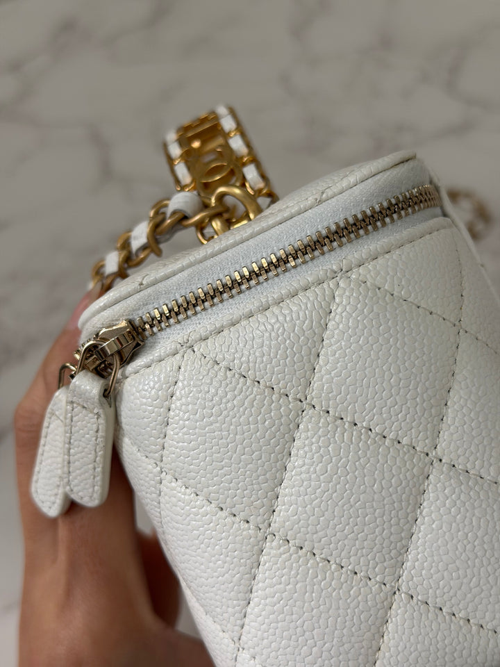 CHANEL 22S Collection 2022 Pick Me Up White Caviar Small Vanity Case with Metal Top Handle GHW