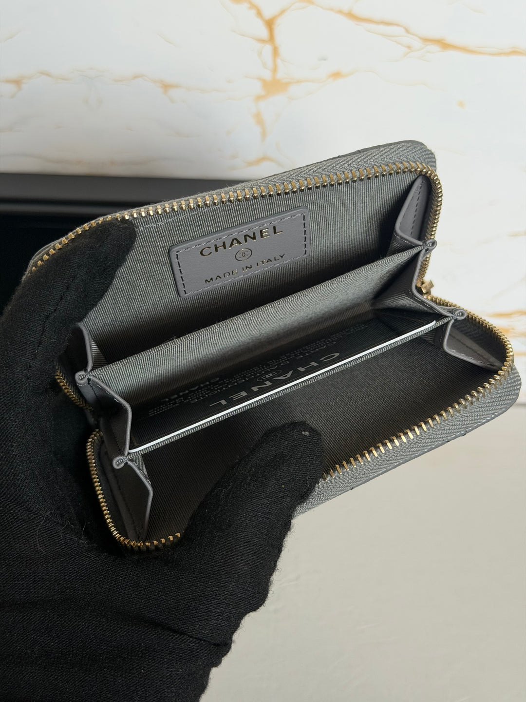 CHANEL 21K 2021 Grey Caviar Big Logo Zippy Coin Purse LGHW