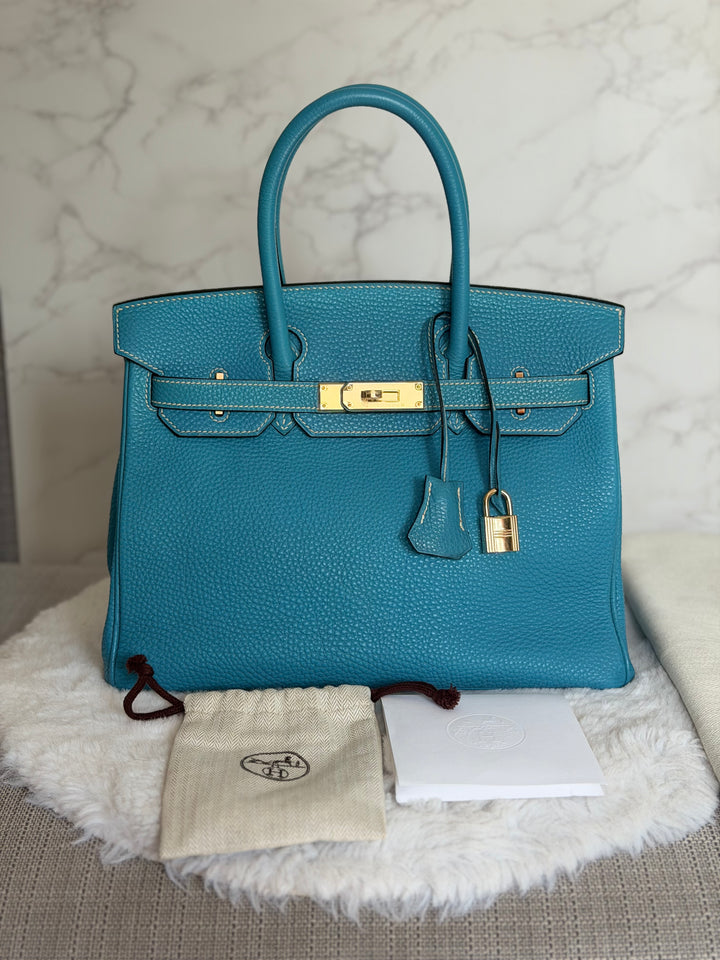 HERMÈS Bleu Jean Togo Leather GHW Birkin 30 Stamp H in Sq 2004
