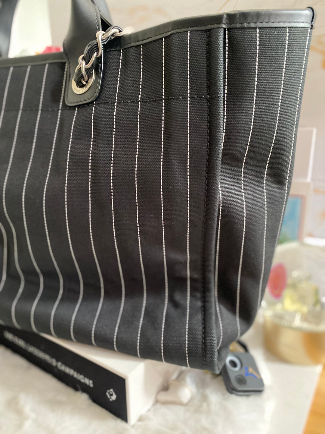 Chanel 23P 2023 collection in Black/White Stripe Canvas Deauville Tote with Top Handle and detachable pouch size Medium (15 inches)
