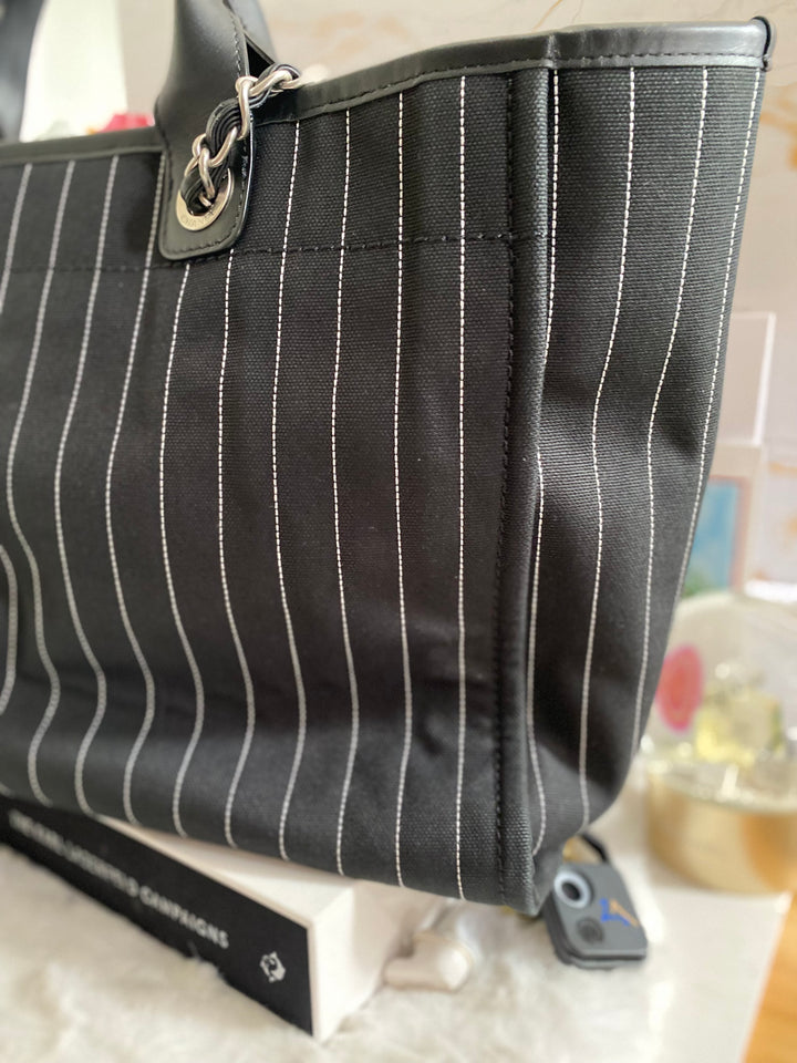 Chanel 23P 2023 collection in Black/White Stripe Canvas Deauville Tote with Top Handle and detachable pouch size Medium (15 inches)