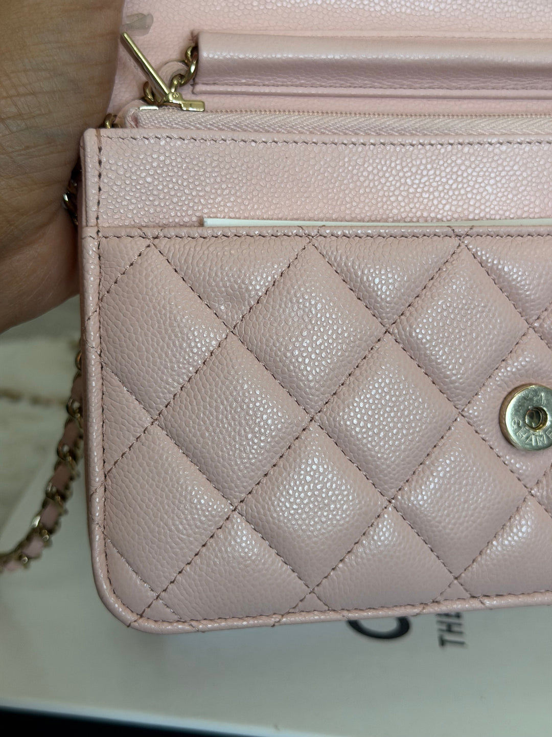 CHANEL Light pink/Nude pink caviar LGHW Classic Wallet on chain (WOC) 2024