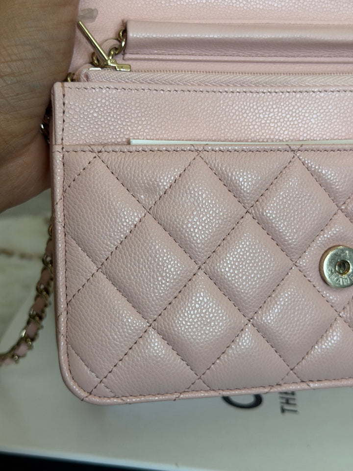 CHANEL Light pink/Nude pink caviar LGHW Classic Wallet on chain (WOC) 2024