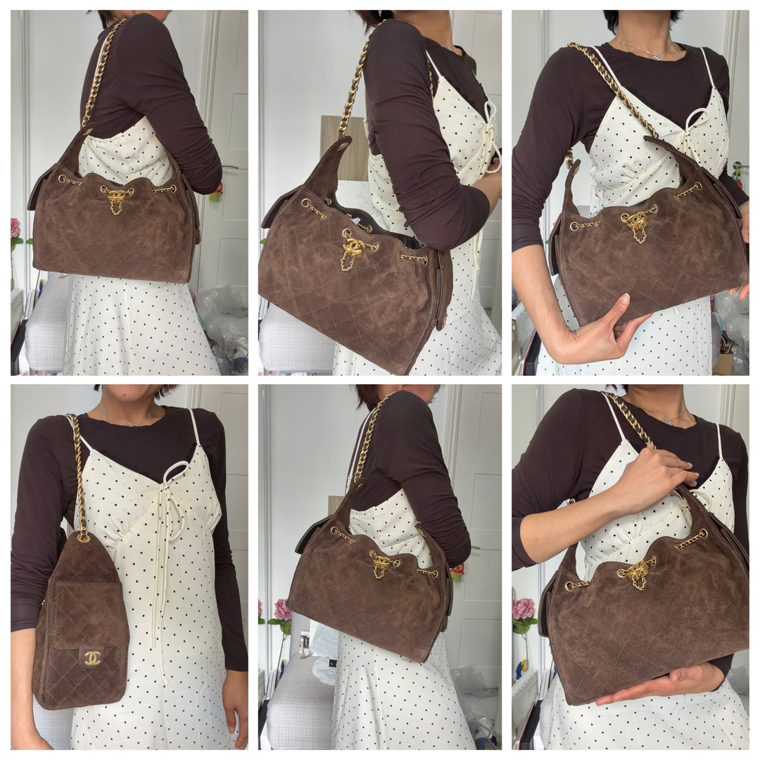 CHANEL 25K Dark Chocolate Brown Suede Aged GHW 25 Hobo Bag size SMALL 2025