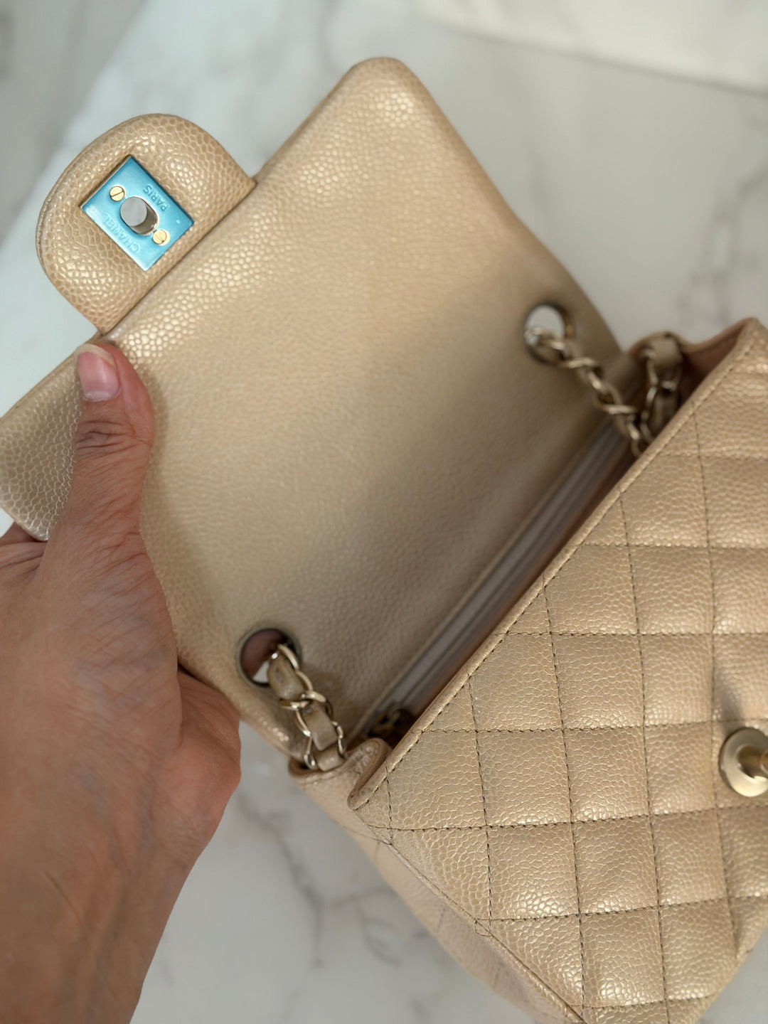 Chanel series 20 15C collection 2014/2015 Pearly Beige Caviar Brushed GHW Square Mini Flap Bag