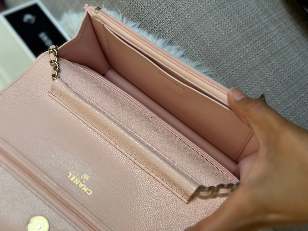 CHANEL Light pink/Nude pink caviar LGHW Classic Wallet on chain (WOC) 2024