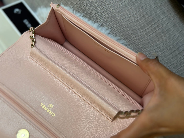 CHANEL Light pink/Nude pink caviar LGHW Classic Wallet on chain (WOC) 2024