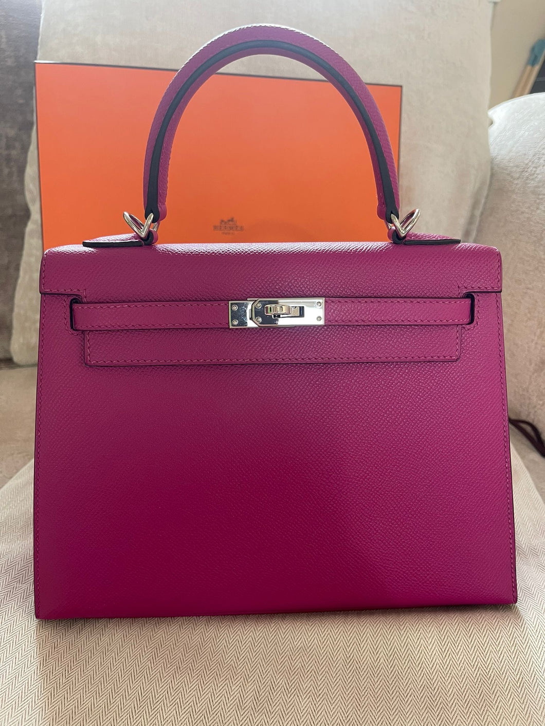 Hermes Kelly 25 Rose pourpre Epsom Leather palladium hardware stamp A (2017)