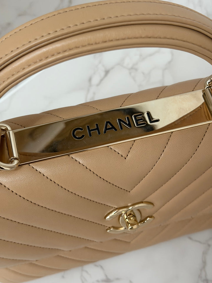 CHANEL series 27 2018 Dark Beige Lambskin LGHW Trendy CC Flap Bag size Small with Top Handle and detachable strap