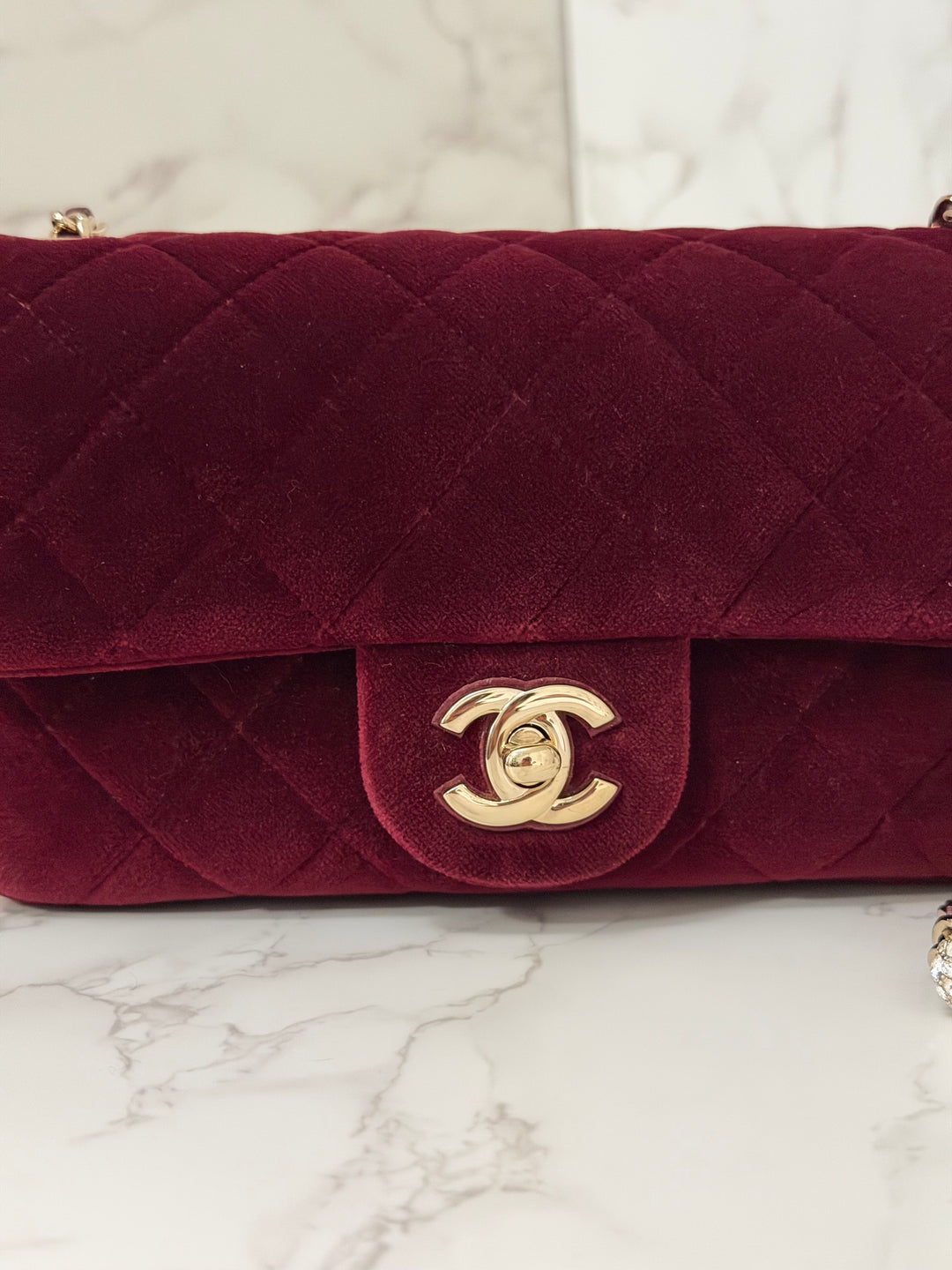 CHANEL series 31 Dark Red/Burgundy Velvet Adjustable Crystal Pearl Crush Mini Rectangular Flap Bag LGHW 2020/2021