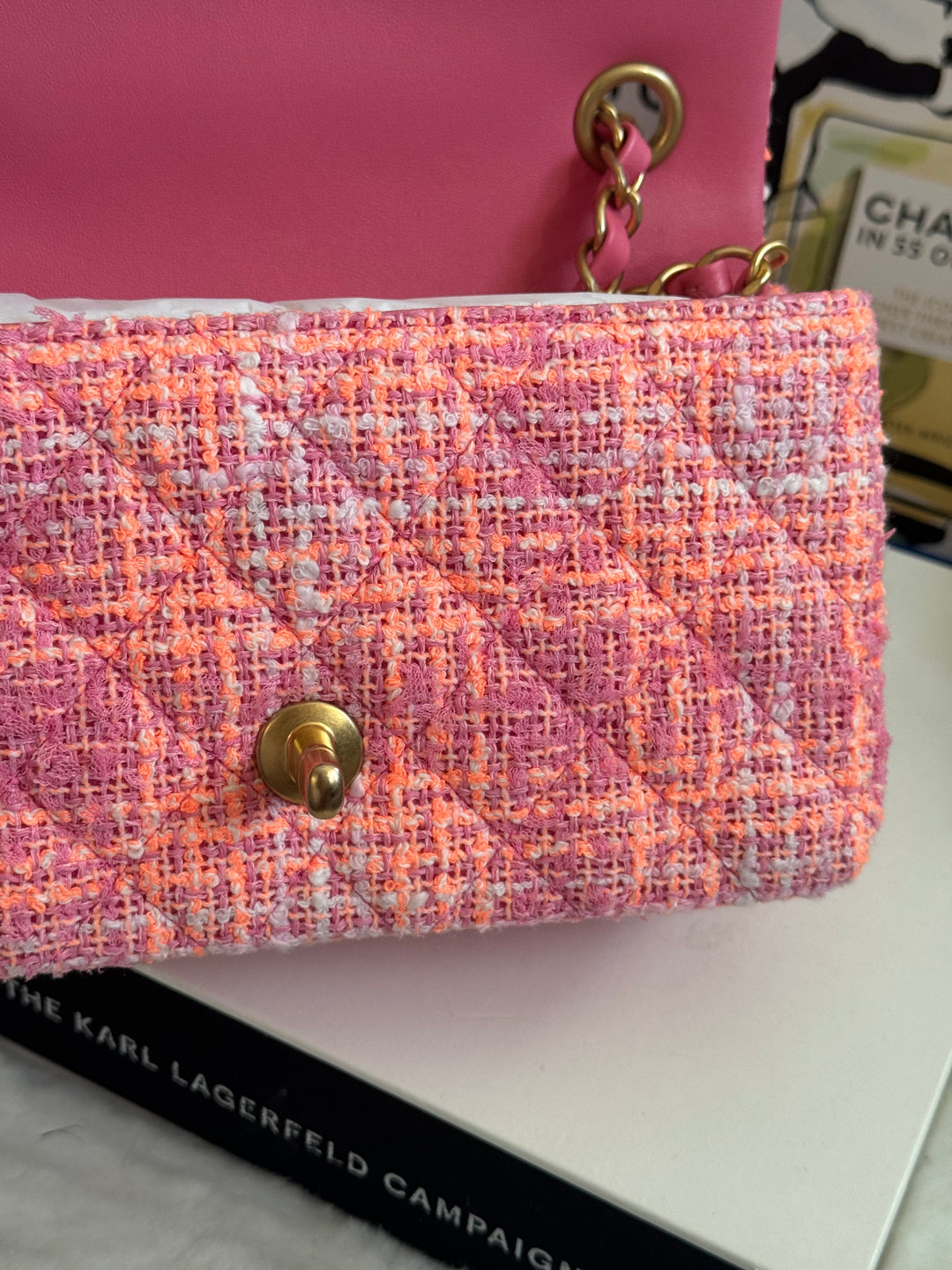 Chanel 24C 2024 Cruise Collection Tweed Pink Orange White Mini Rectangular Flap Bag with Aged GHW