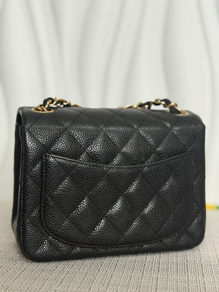 CHANEL series 13 Black Caviar GHW Vintage Square Mini Flap Bag with Edge stitching