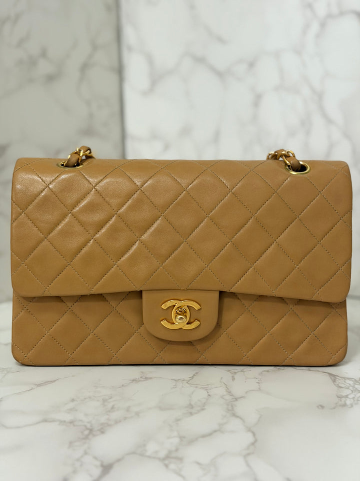 CHANEL series 4 Vintage 24K GHW Dark Beige Lambskin Timeless Classic Medium Double Flap Bag