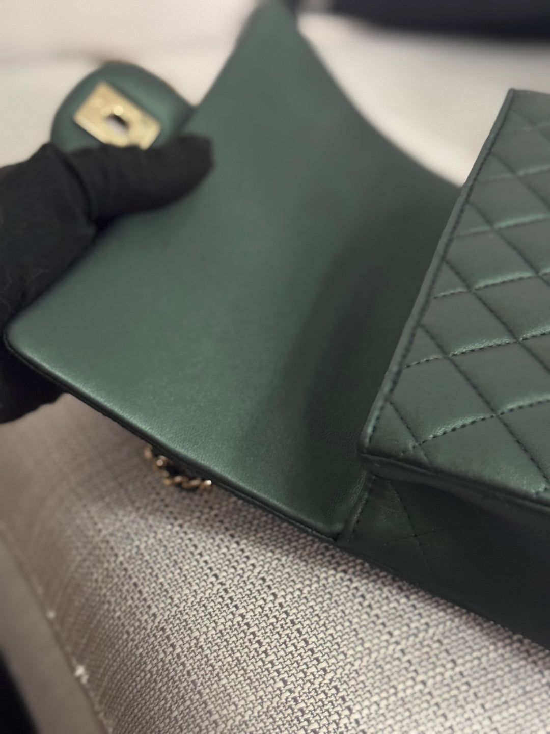 Chanel Iridescent Dark Green Lambskin Mini Rectangular Flap Bag with Top Handle and Champagne GHW