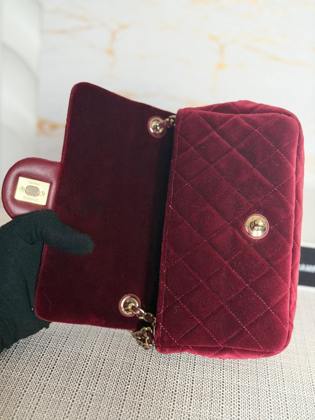 CHANEL series 31 Burgundy Dark Red Velvet Crystal Pearl Crush Adjustable Strap Mini Rectangular Flap Bag 2020/2021