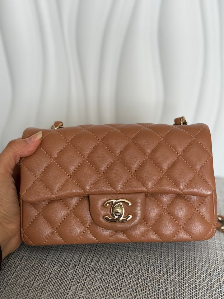 CHANEL 22S collection Caramel Brown NB356 Lambskin LGHW Mini Rectangular Flap Bag 2022