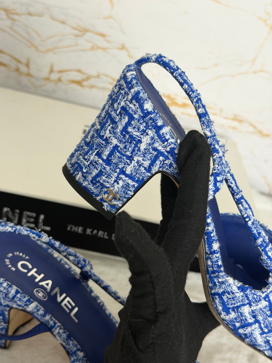 CHANEL 23P Cobalt Blue SHW Tweed Slingback shoes with kitten heels