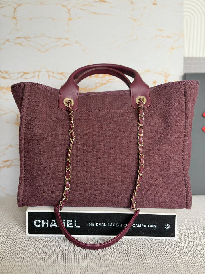 Chanel Burgundy Tweed Deauville Tote with Leather top handle size SMALL 13 inches 2024