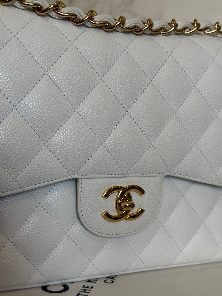 CHANEL White Caviar GHW Jumbo Double Flap Classic Bag 2010