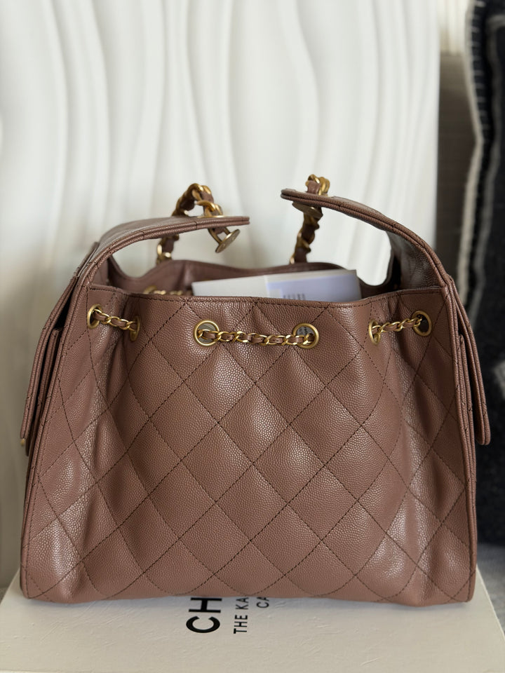 CHANEL 26P collection Brown Caviar 25 Hobo Bag Aged GHW Size SMALL