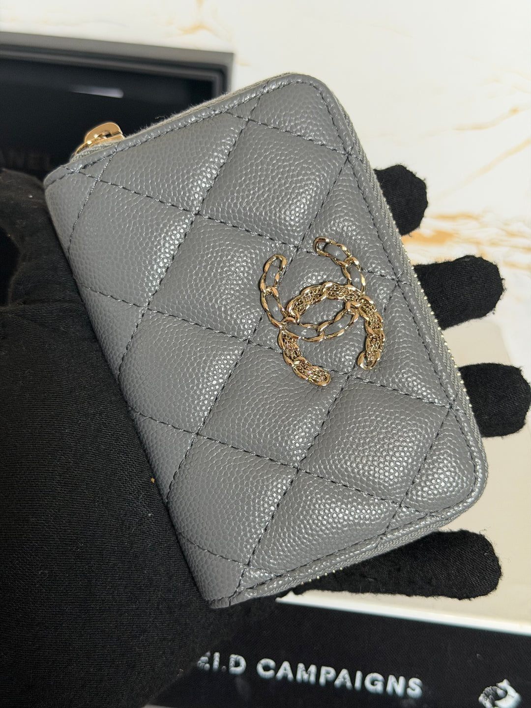CHANEL 21K 2021 Grey Caviar Big Logo Zippy Coin Purse LGHW