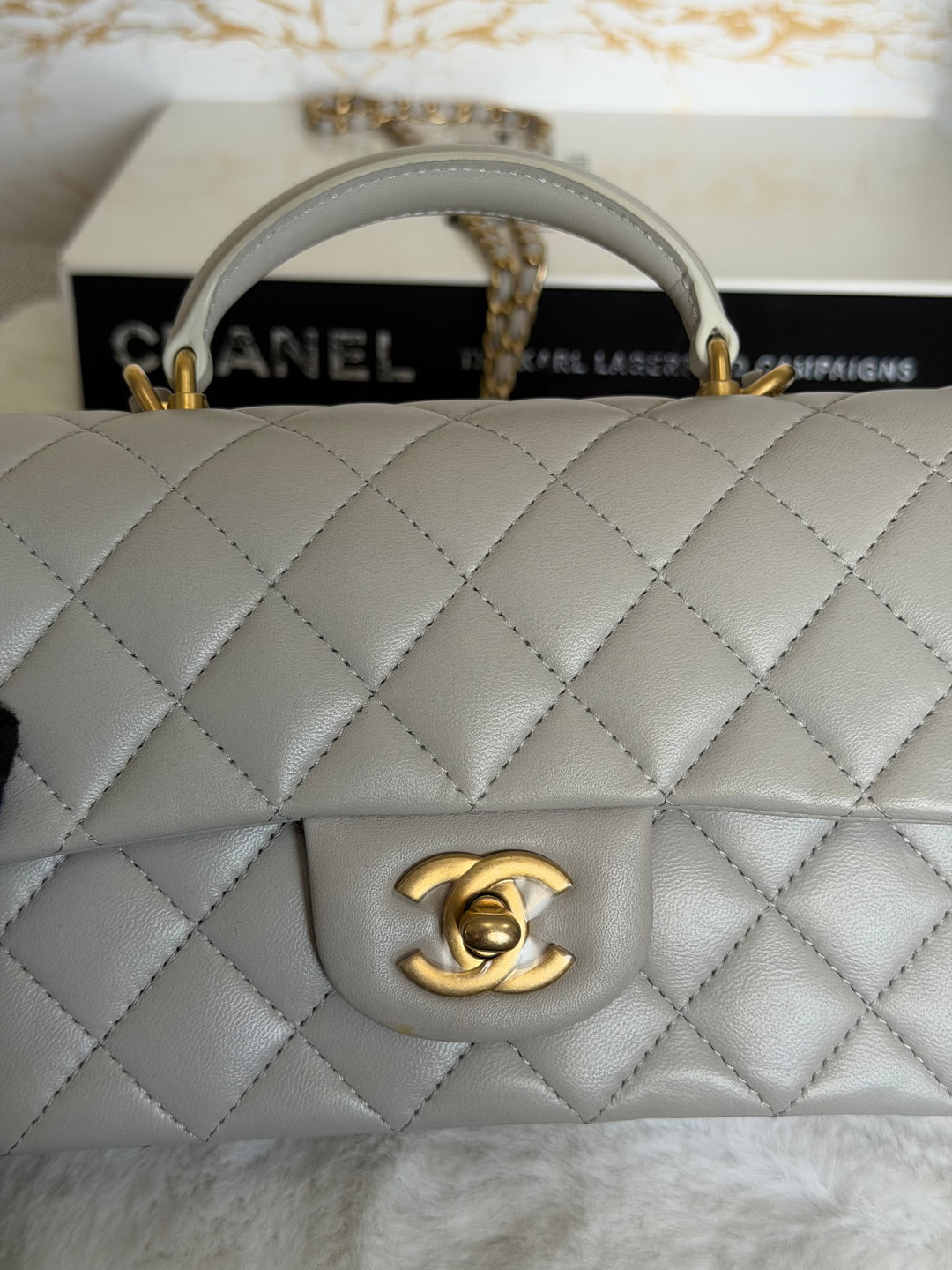 CHANEL Grey Lambskin Aged GHW Top Handle Mini Rectangular Flap Bag 2021 21A collection
