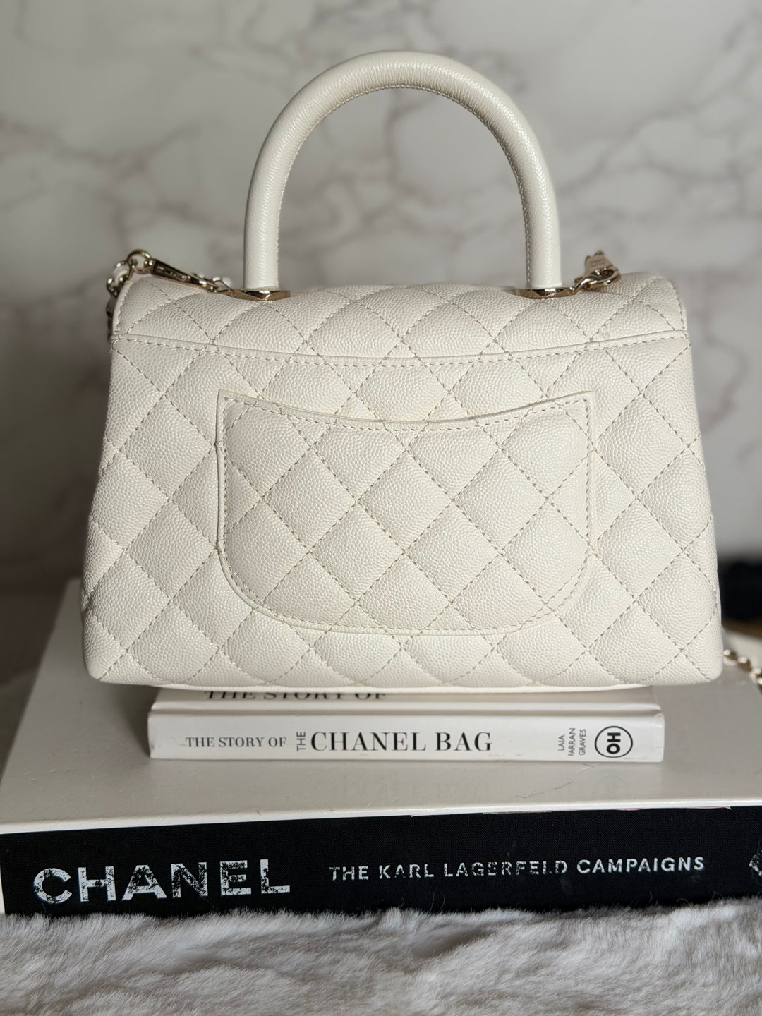 CHANEL White Caviar LGHW Coco Handle Flap Bag Size SMALL with detachable Strap Microchipped