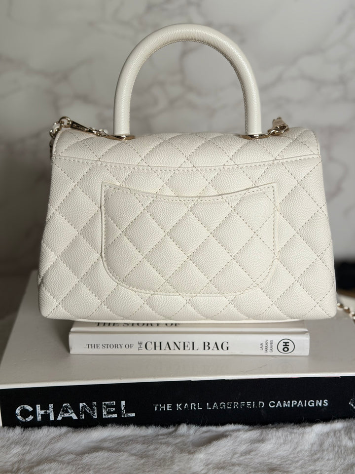 CHANEL White Caviar LGHW Coco Handle Flap Bag Size SMALL with detachable Strap Microchipped