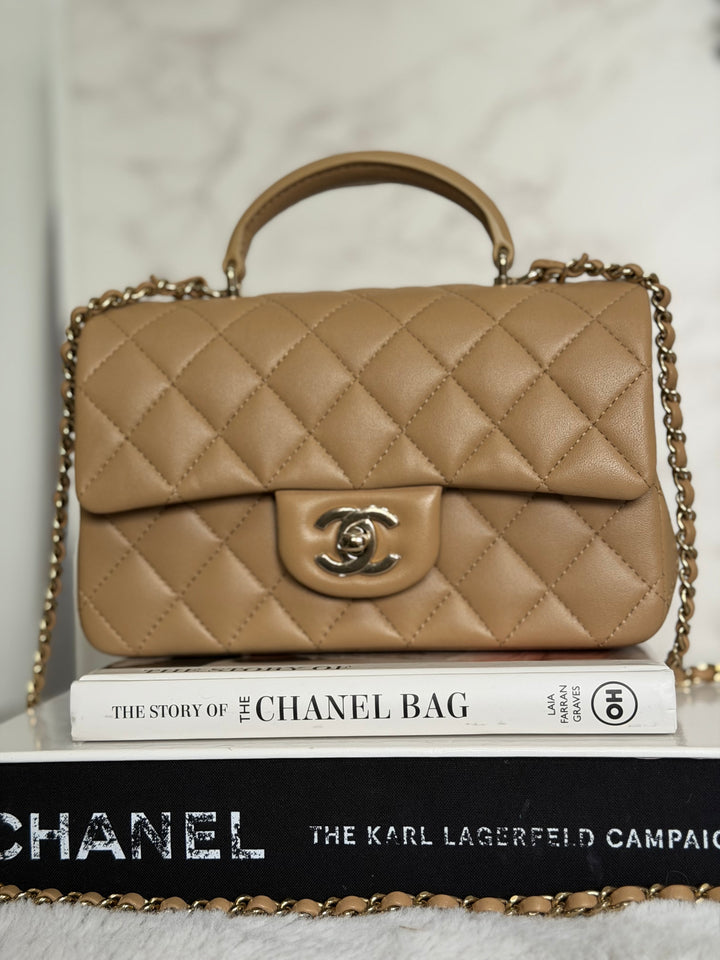 CHANEL Dark Beige Lambskin LGHW Mini Rectangular Flap Bag with Top Handle 2023