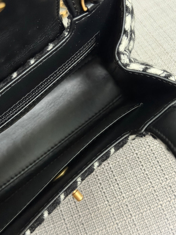 CHANEL 24A 2024 Black and White Houndstooth Tweed Kelly Small Shopping Bag with Chain Aged GHW