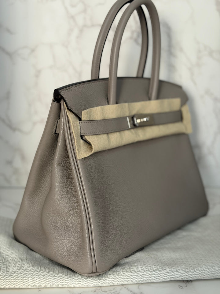 HERMES Gris Asphalt Leather Birkin 30 Bag Palladium Hardware Stamp D 2019