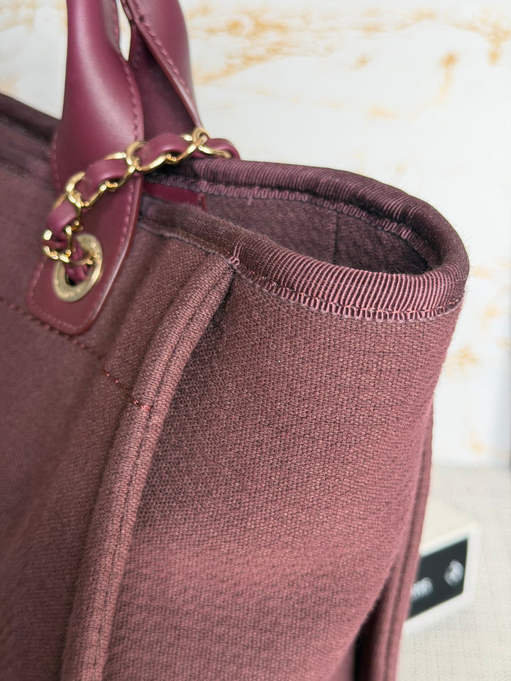 Chanel Burgundy Tweed Deauville Tote with Leather top handle size SMALL 13 inches 2024