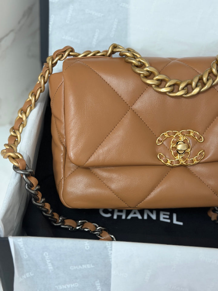 CHANEL Caramel Brown Lambskin Mixed Hardware 19 Size Small Medium Flap bag from 2022